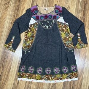 Kor Company Boho Dress Size S/M Crochet Cottage Core Patch Long Sleeve Vintage